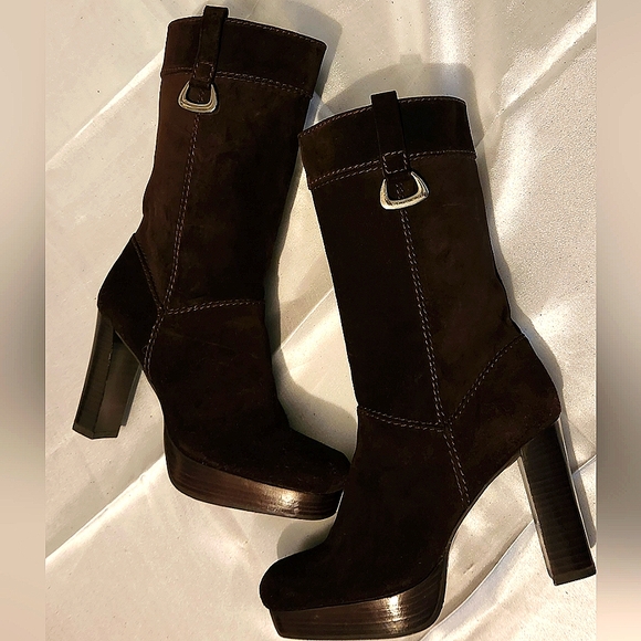 STEWART WEIZMANN ✨️VINTAGE✨️ BROWN SUEDE KNEE HIGH BLOCK HEEL BOOTS SIZE 6.5 M - Picture 8 of 11
